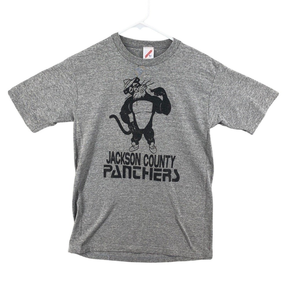 Vintage Jerzees Jackson County Panthers T-Shirt Gray Made‎ in USA Mens Medium